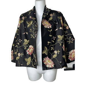Mark Heister Silk Jacket Black Embroidery‎ Open Front Retro Vintage Size S